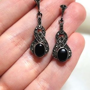 Sterling Silver Onyx and Marcasite Earrings from Italy